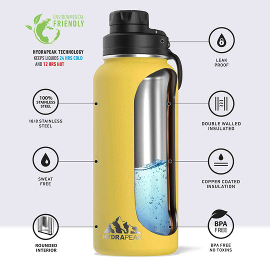 Hydrapeak Water Bottles 32oz Insulated with Chug Lid, Leak Proof Easy