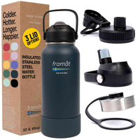 Stainless Steel Water Bottle - Umeä, 32 oz Insulated Water Bottles with a Straw, 24 Hours Cold, 12 Hot - Metal, Leakproof & Reusable, 3 Lids, 2 Straws, 2 Brushes - Designed In Sweden