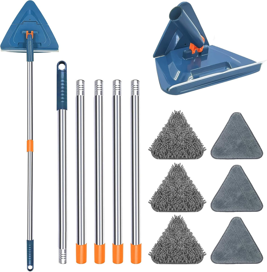 Wall Mop Wall Cleaner with 85 Inch Long Handle, 360° Rotating Microfiber Triangle Mop, Skirting Ceiling Gasket Window Cleaning Kit for Cleaning Painted Wall, Ceiling, Floor, 6 Replacement Pads