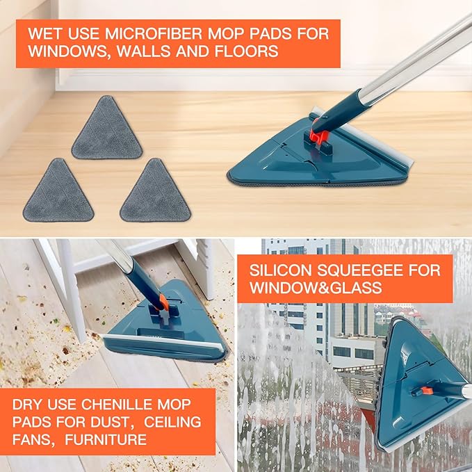 Wall Mop Wall Cleaner with 85 Inch Long Handle, 360° Rotating Microfiber Triangle Mop, Skirting Ceiling Gasket Window Cleaning Kit for Cleaning Painted Wall, Ceiling, Floor, 6 Replacement Pads