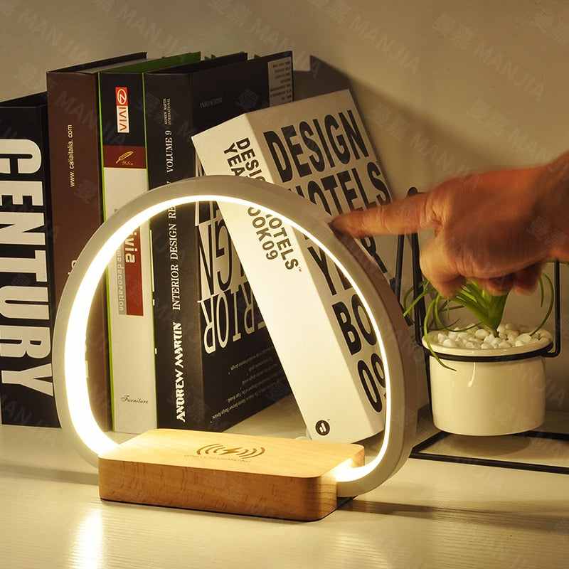 Bedside Lamp Wireless Charger with Multi-functioning wood grain night light