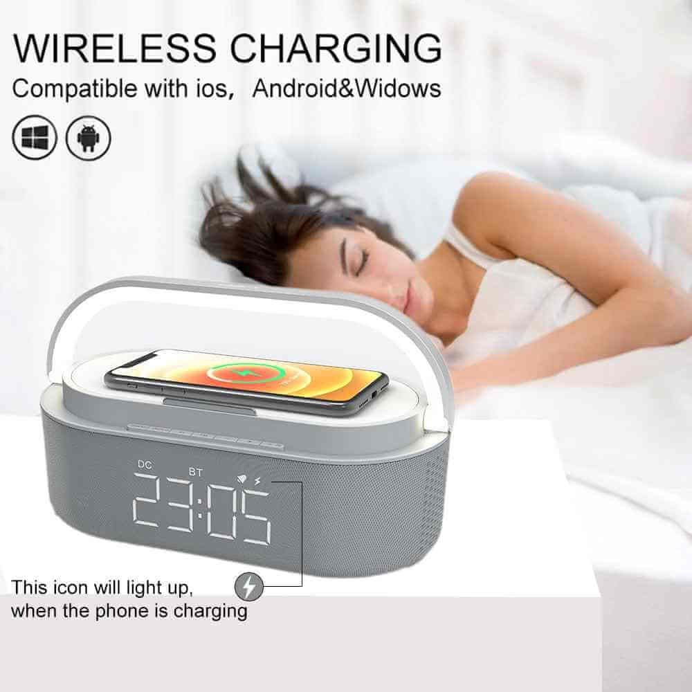 Alarm Clock, Phone Charger, Wireless, Digital LED, Bluetooth Speaker, Smart Technology, Home Gadgets, Multifunctional, Bedroom Accessories, Tech Innovations,