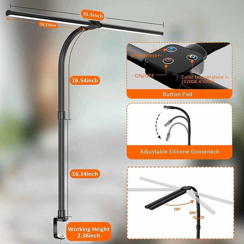 Desk Lamp for Architect Double Head LED Light Modern 24W 5 Dimmable
